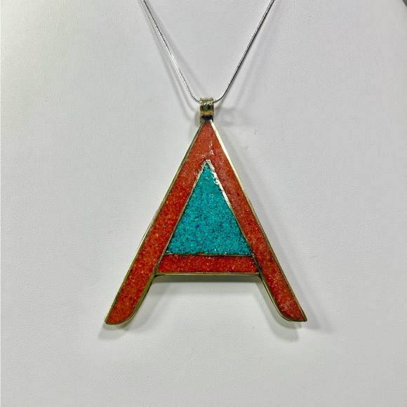 Tibetan Turquoise Coral 925 Large Letter A Initial Pendant - Picture 4 of 8